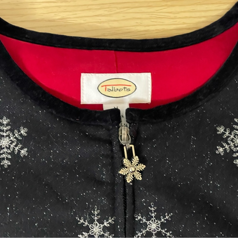 Talbots Black Wool‎ Blend Sleeveless Zip Up Snowflake Embroidered Vest medium